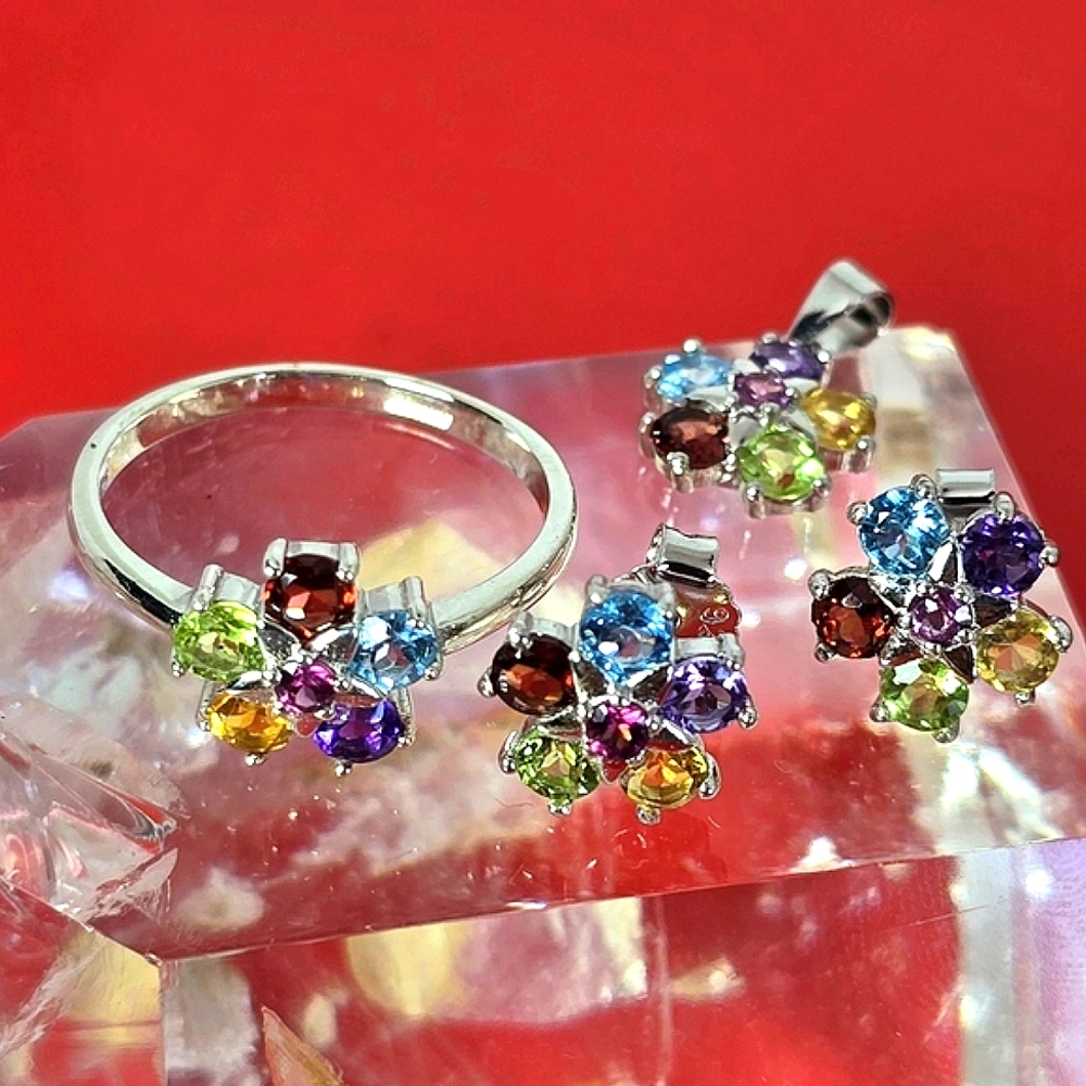 925 Sterling Silver Ring 7.75, Earrings, Pendant Set with Natural Multimix Gems